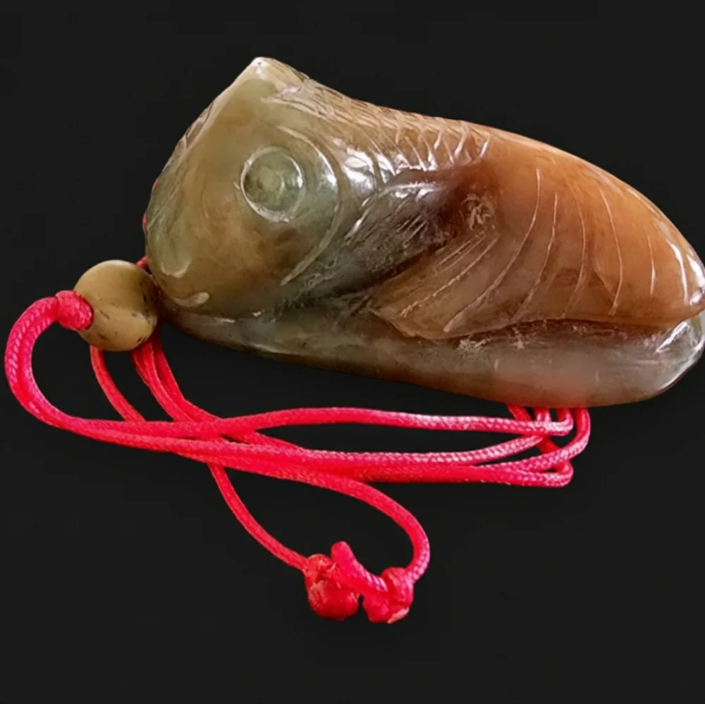Chinese Carved Jade Stone Coyfish Pendant Necklace